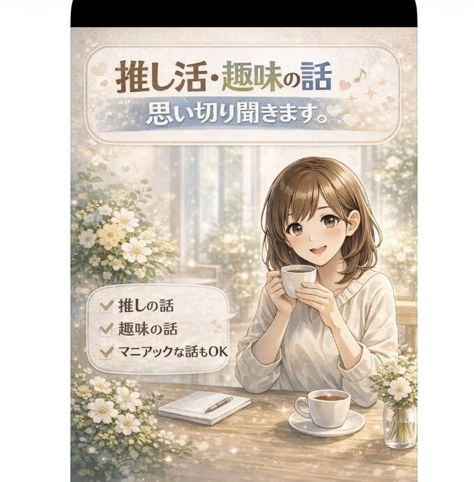 推し・趣味の話、思い切り聞きます あなたの"好き"を、安心してたくさん話してください。 イメージ1