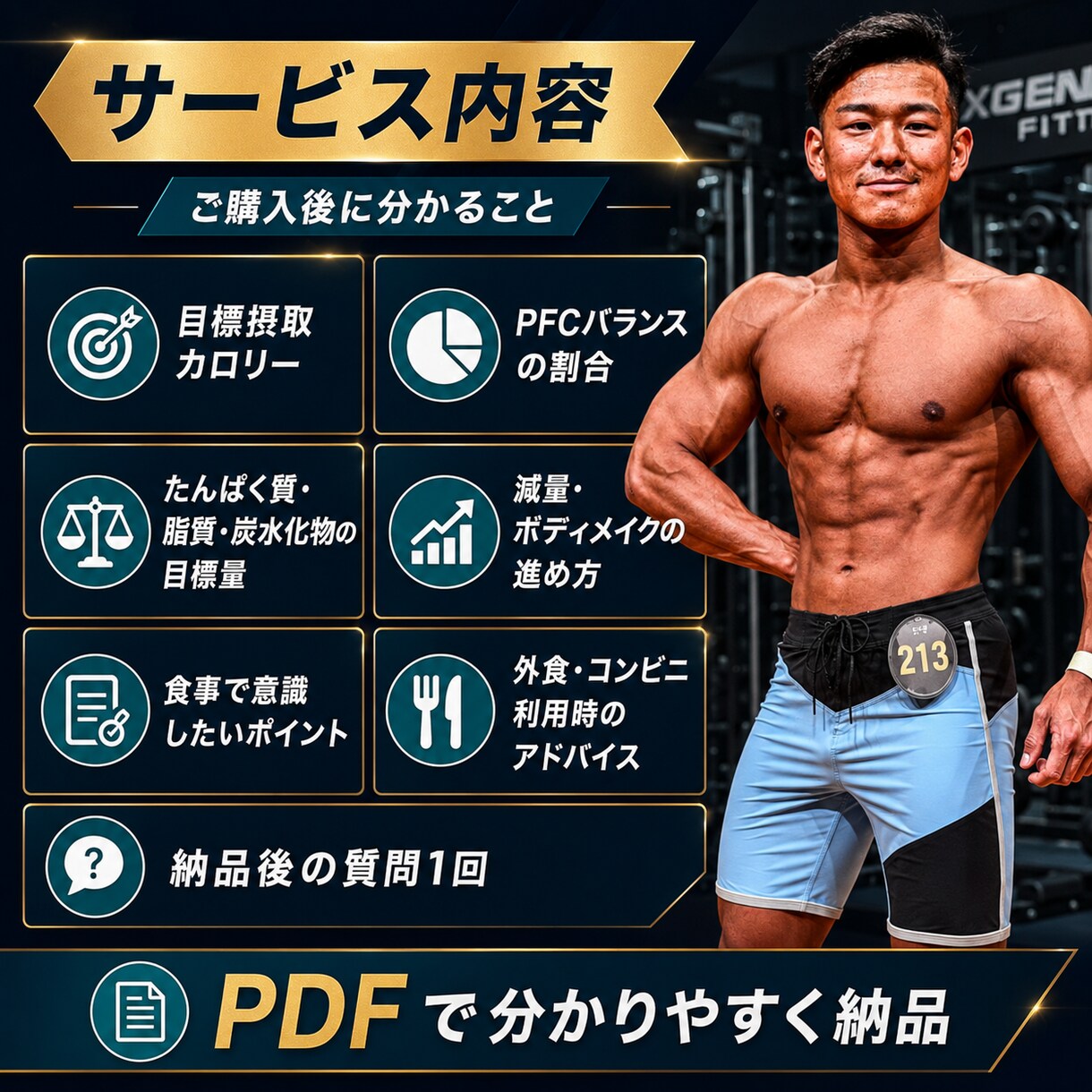 現役トレーナーが減量用カロリー・PFCを設計します 目標・体格・生活に合わせて、続けやすい摂取量を算出します イメージ3