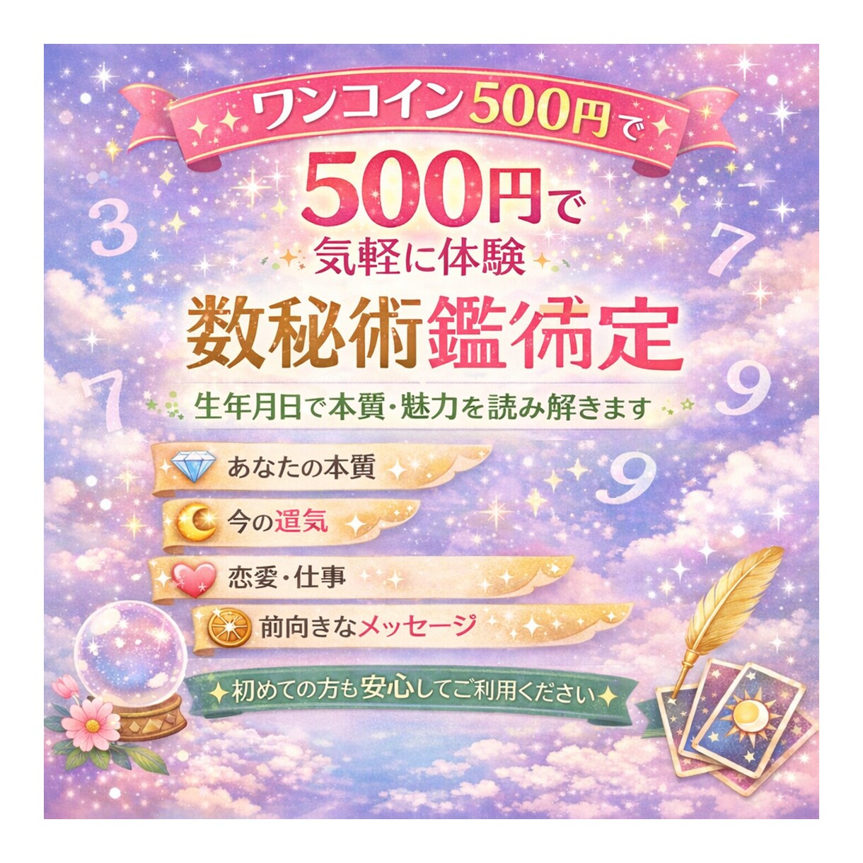 500円！生年月日で数秘術占い鑑定します 恋愛・仕事・人間関係の悩みを数秘術で読み解きます イメージ1