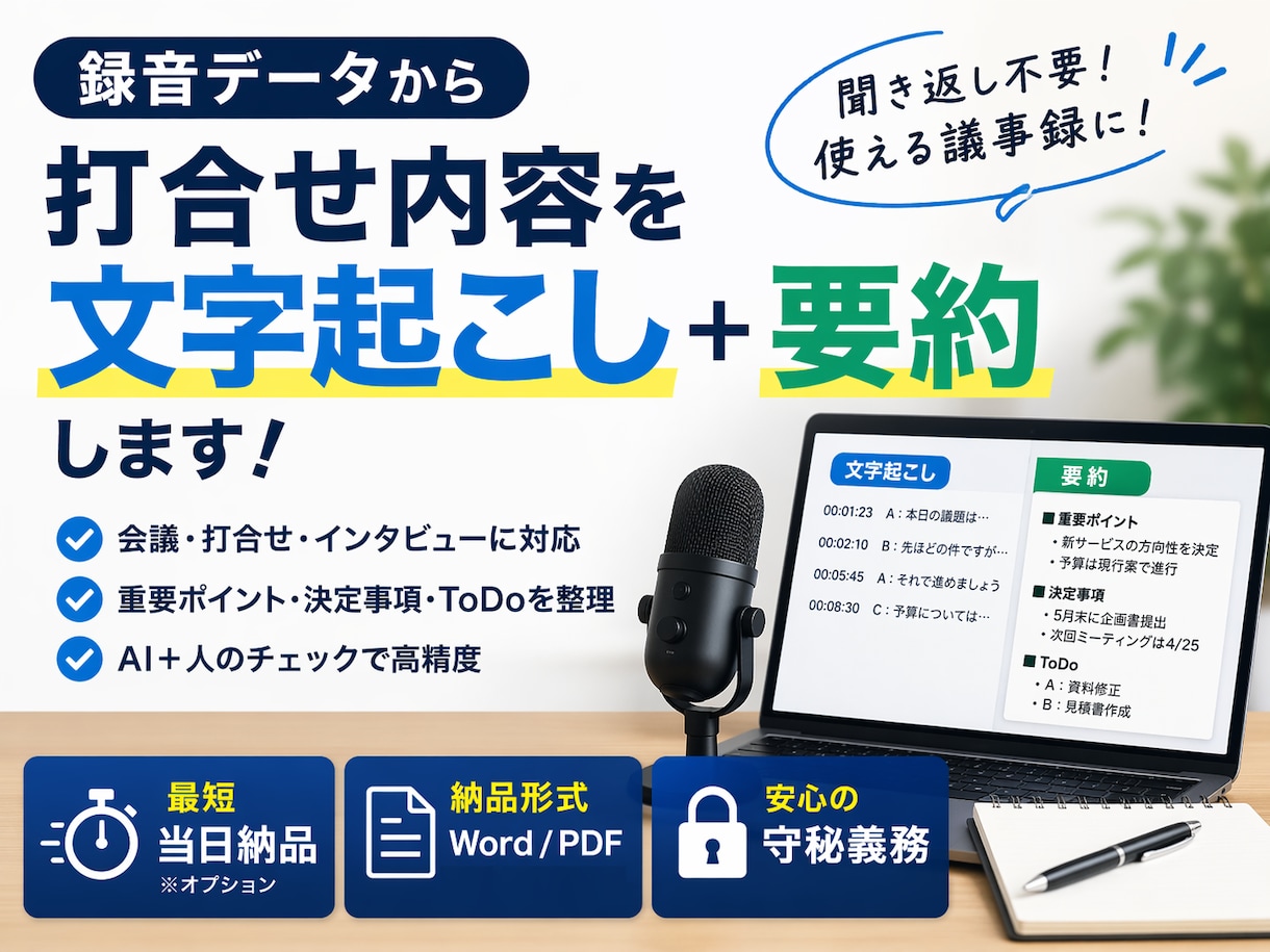 録音データを高精度で文字起こし＋要約します 聞き返し不要。会議内容を“使える形”で納品します イメージ1
