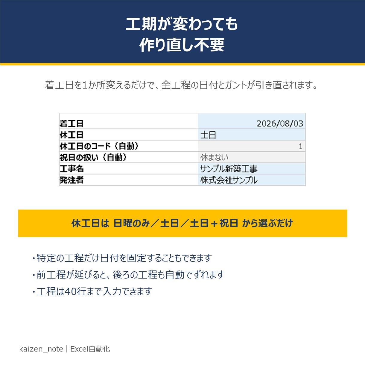 休工日を自動計算する工程表を渡します 着工日を変えるだけで全工程がずれる｜土日祝を自動で飛ばす イメージ3