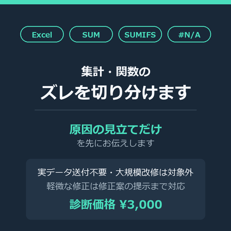Excel集計・関数のズレを診断します 集計・関数のズレの原因だけを先に切り分けます イメージ1