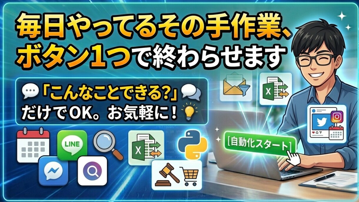 毎日の手作業、ボタン1つで自動化します 「こんなことできる？」だけでOK。まずはお気軽に！ イメージ1