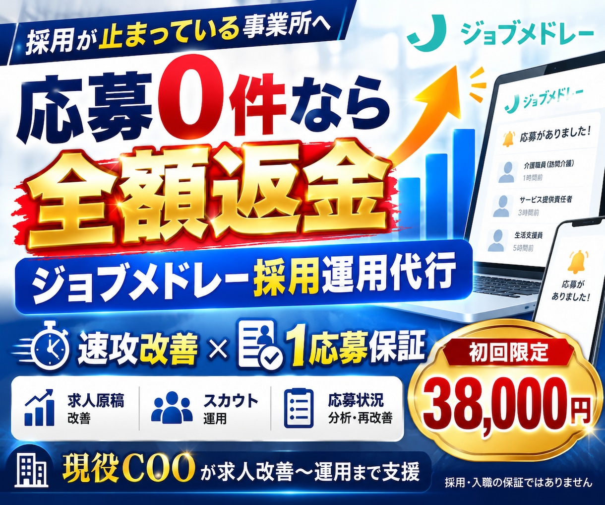 ジョブメドレーの採用運用を30日間代行します 応募ゼロなら全額返金｜年商2億円企業の現役COO イメージ1