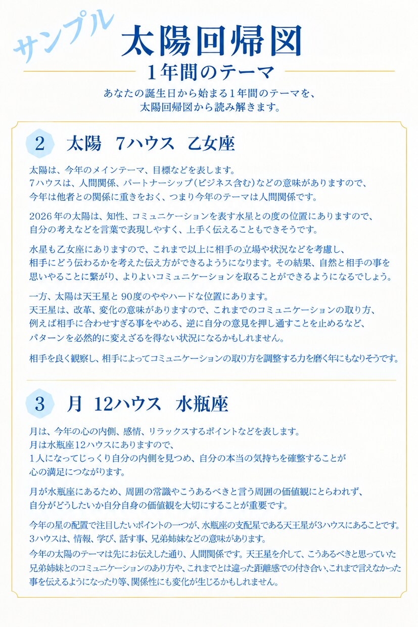 太陽回帰図から１年のテーマを読み解きます 星をつなぎ、あなただけの１年の道しるべをお届けします。 イメージ3