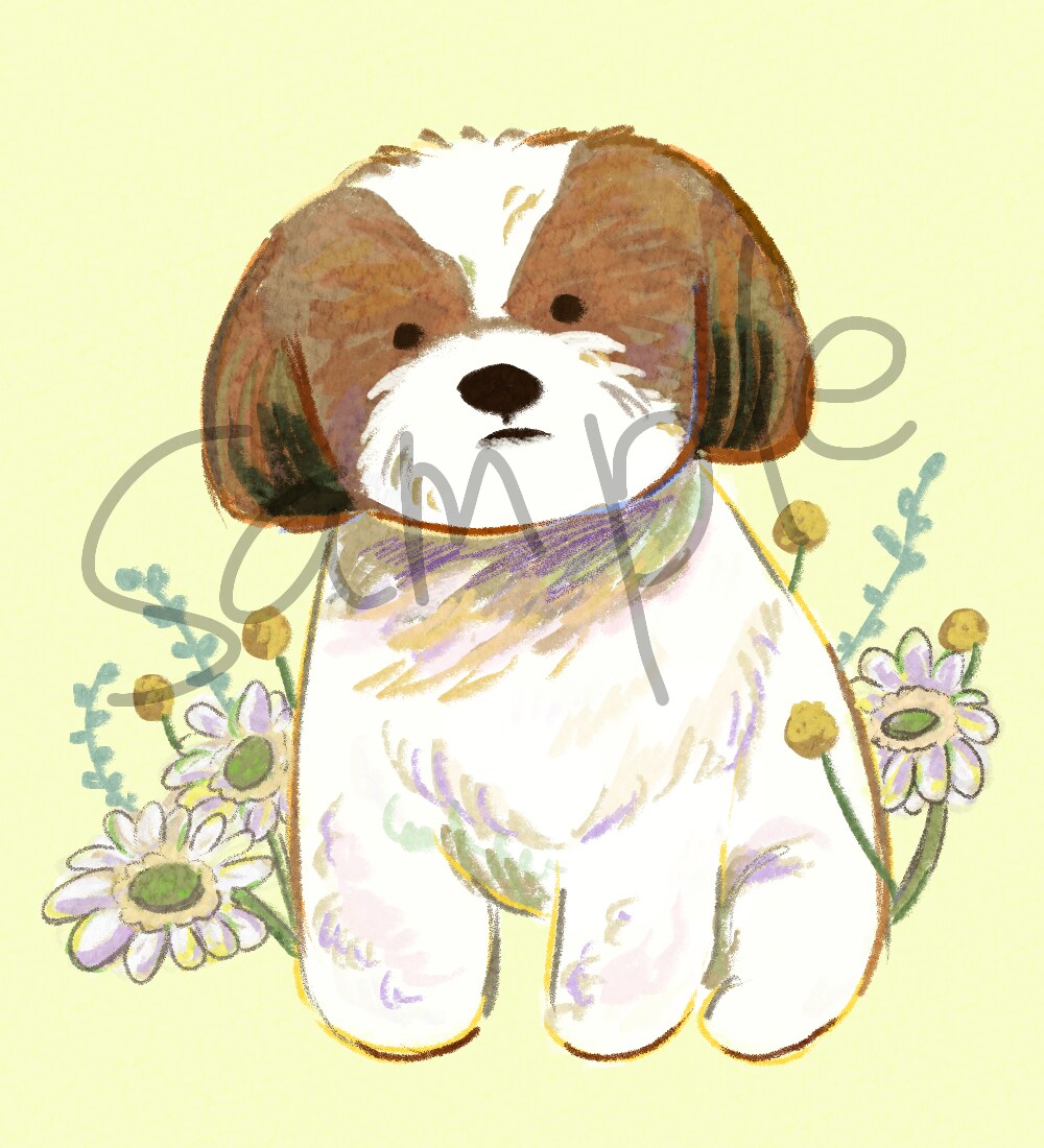 お花と大切な愛犬の似顔絵描きます デフォルメされた犬の似顔絵ですペット/犬/似顔絵/イラスト イメージ1