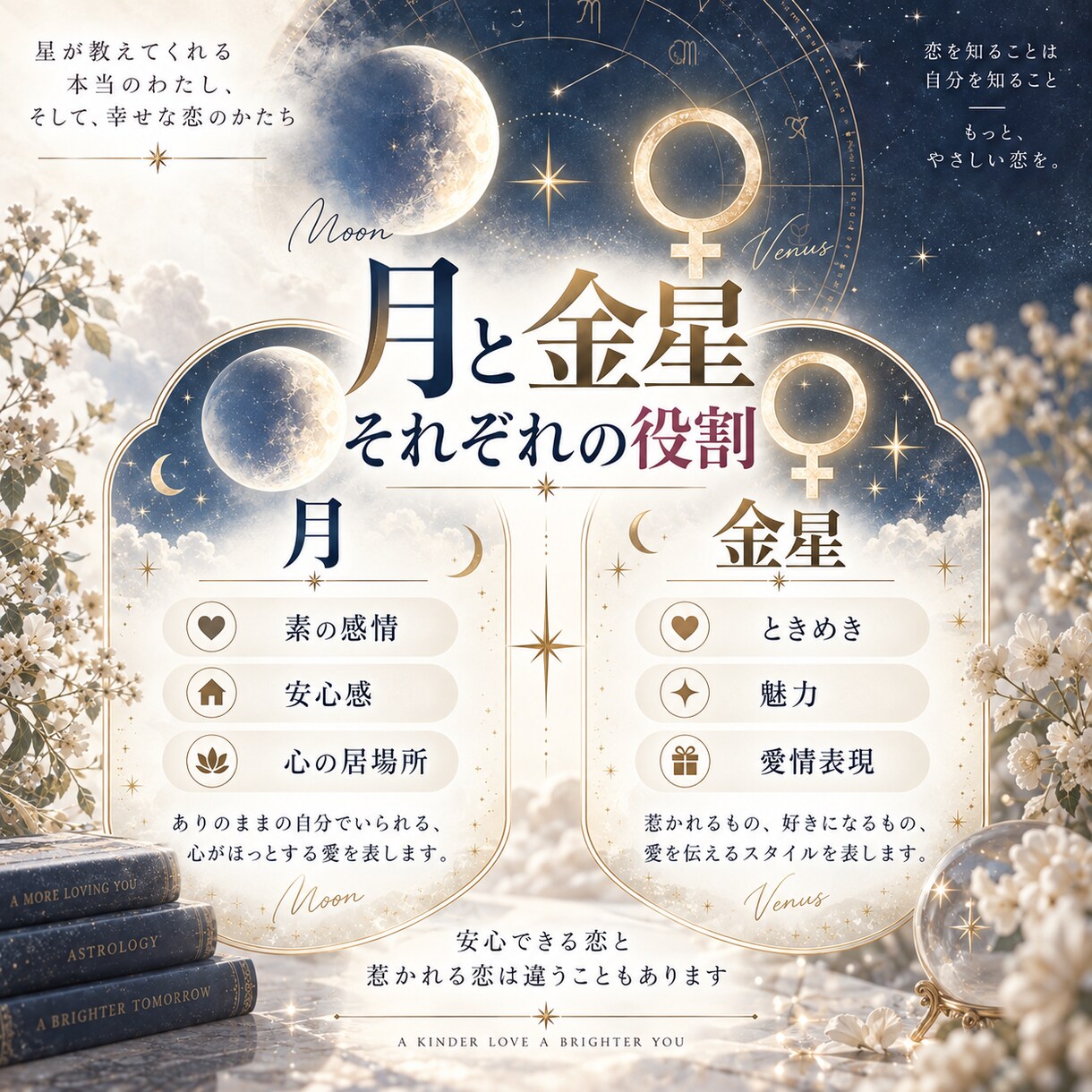 月と金星からあなたの恋愛傾向を読み解きます 惹かれる恋と安心できる恋。2つの星から貴女らしい愛し方を知る イメージ3