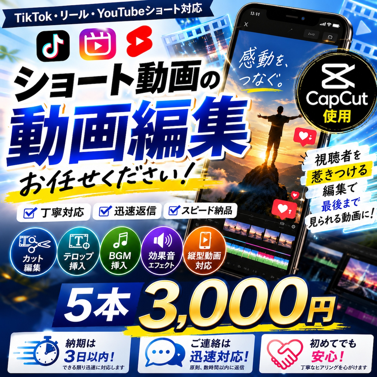 5本のショート動画を編集します 初めてのご依頼でも安心！ 迅速な返信を心がけています。 イメージ1