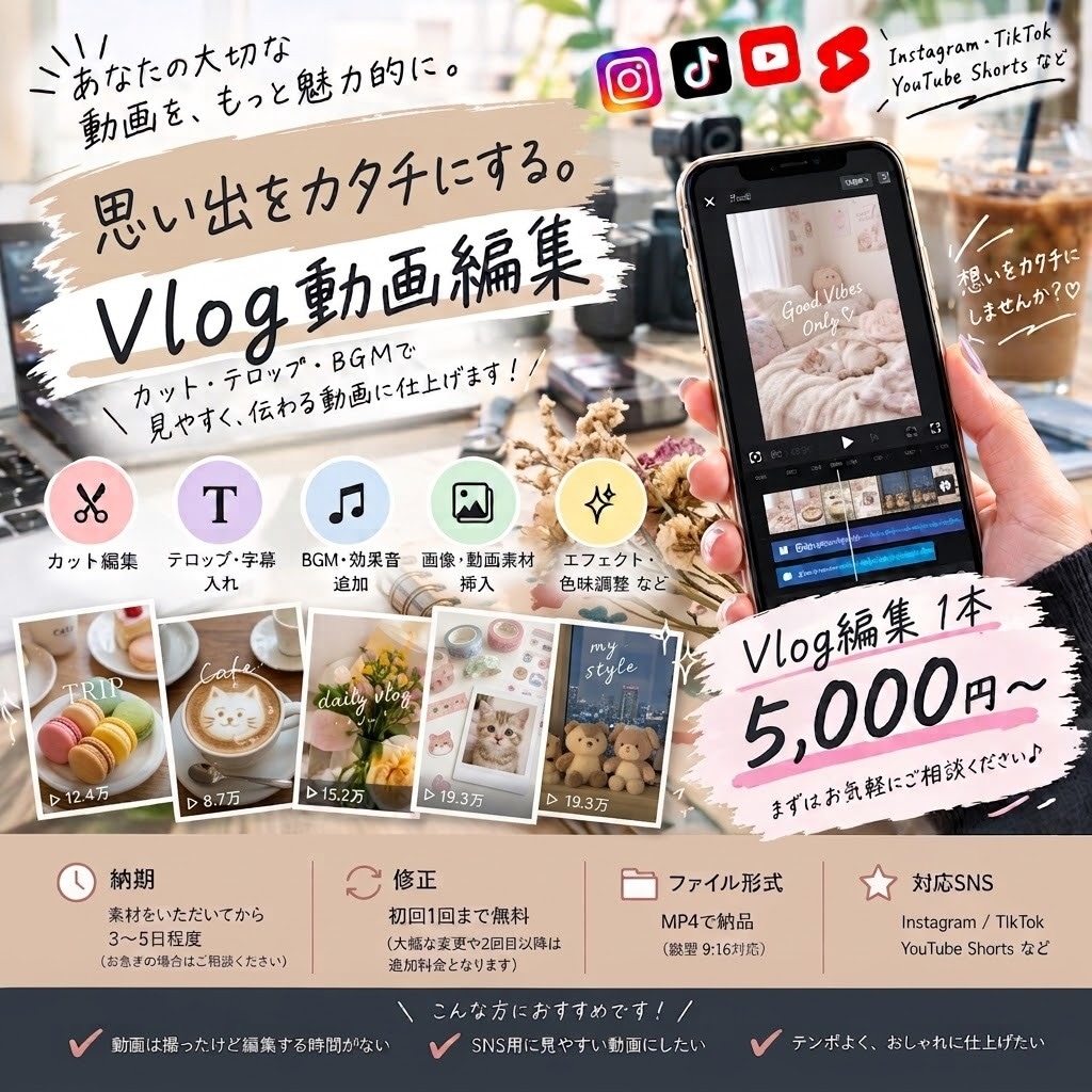 Vlog・日常系ショート動画を編集します SNS向けの動画を見やすく編集します イメージ1