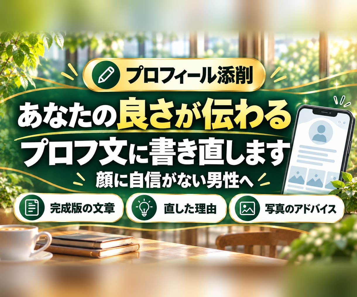 顔に自信がない男性へ｜アプリのプロフ文を添削します あなたの良さが伝わるプロフィール文に書き直します イメージ1