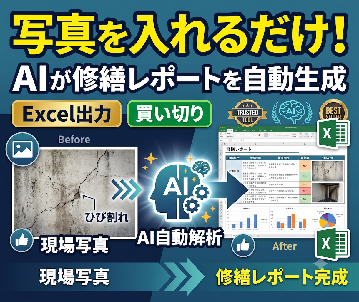 1ヶ月無料写真からAI修繕レポートを自動生成します 写真を入れるだけでAIがExcel報告書を作成できます イメージ1