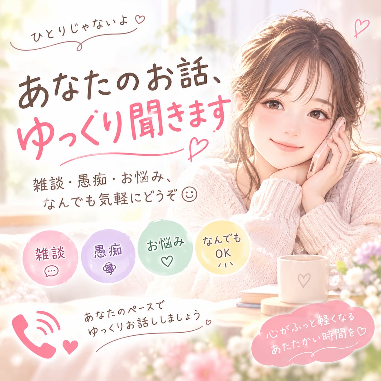 あなたのお話、ゆっくり聞きます 雑談・愚痴・お悩みなど、なんでも気軽にお話しください♪ イメージ1