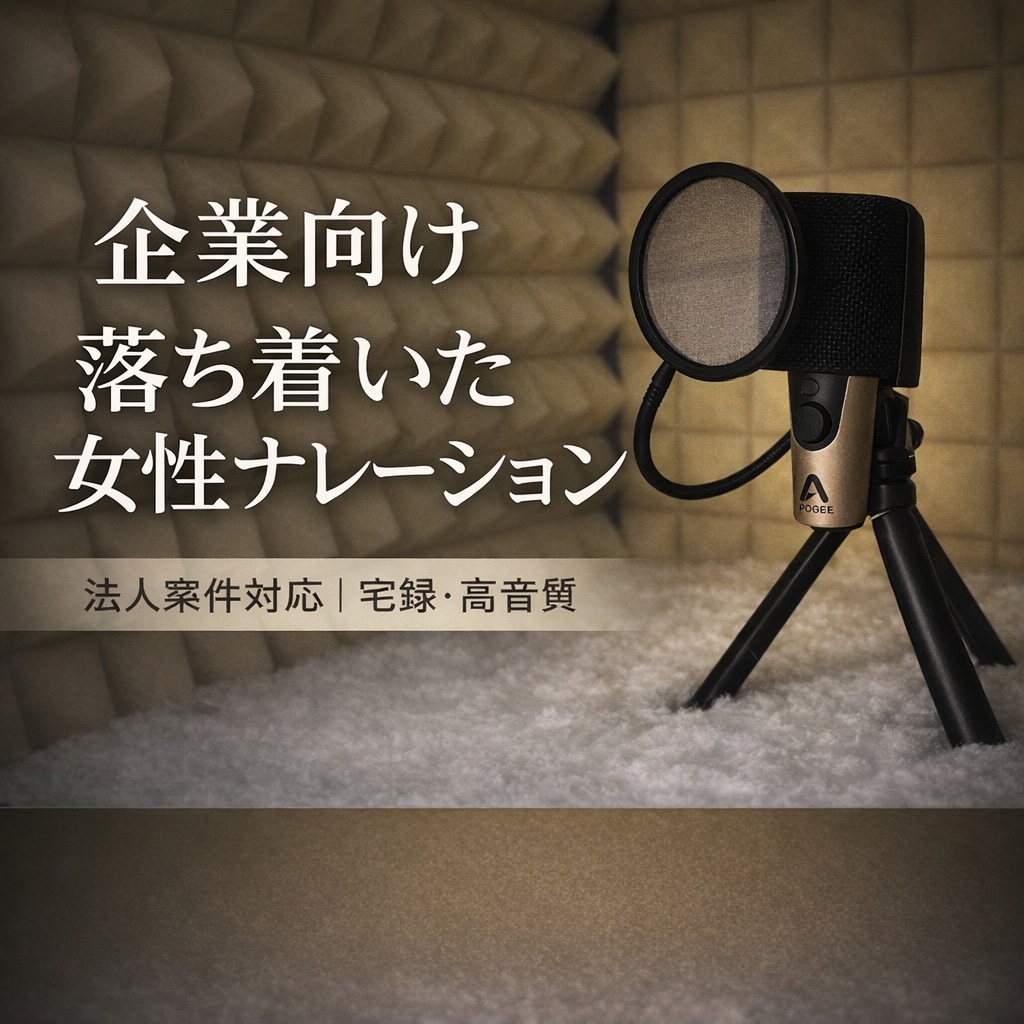 落ち着いた大人の女性ナレーションを丁寧に収録します 安定感のあるナレーションで信頼をお届けします。 イメージ1