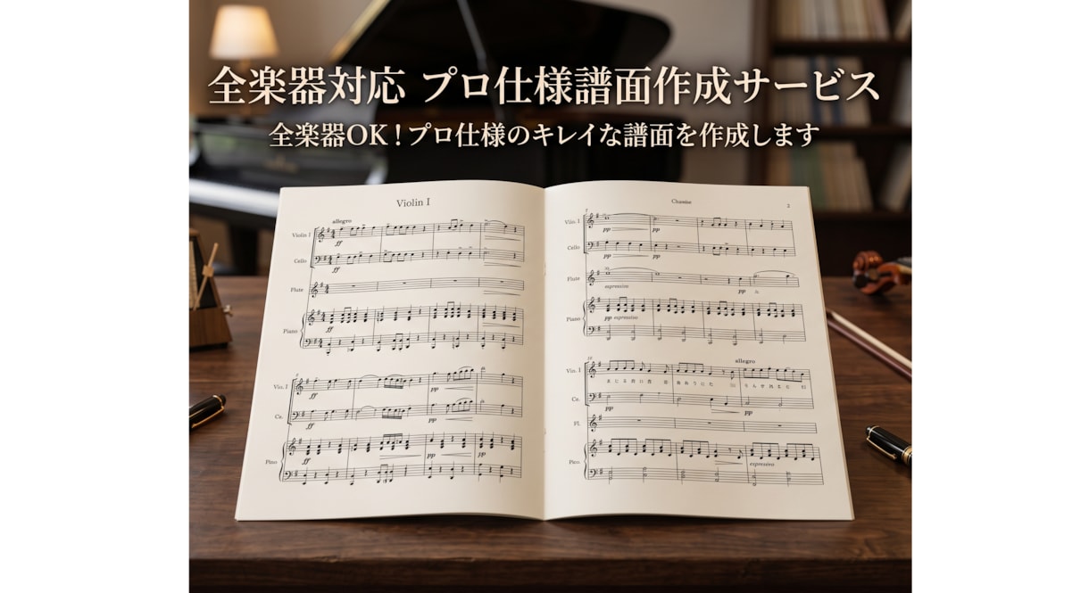 全楽器OK！プロ仕様のキレイな譜面を作成します フルスコア・ボーカル・ドラムなど様々な楽器と種類に対応！ イメージ1