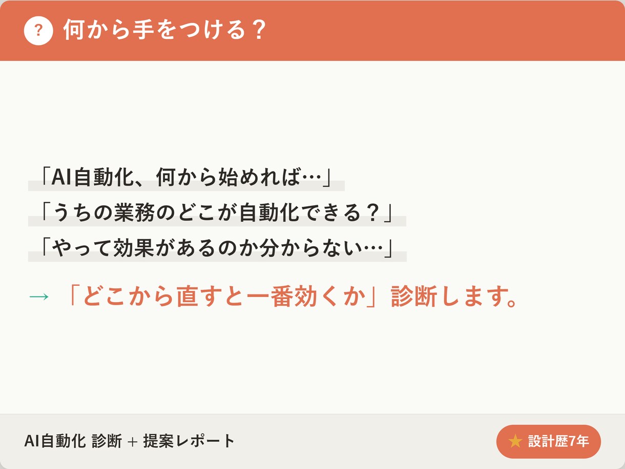 AIで自動化できる業務を診断します どこを直すと一番効くか、７年の設計視点で優先順位を整理 イメージ2