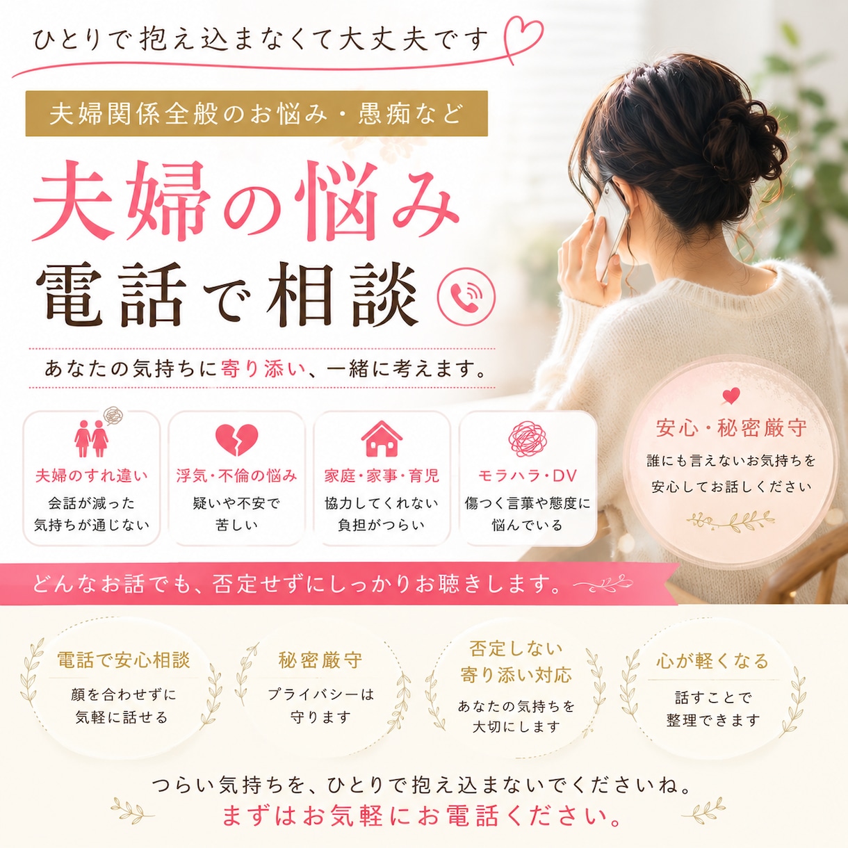 夫婦関係、パートナーとのお悩みを丁寧に伺います 夫婦関係のご相談【愚痴、不倫、レスなど】何でもお聞きします! イメージ1