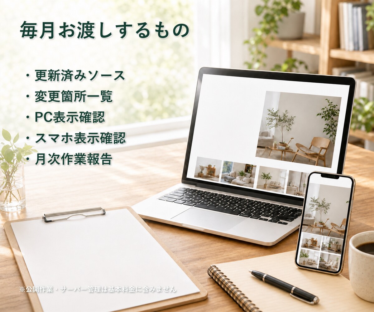 ホームページの文章・画像を月2回更新します HTML/CSSサイトの小さな修正を、毎月まとめて対応します イメージ3