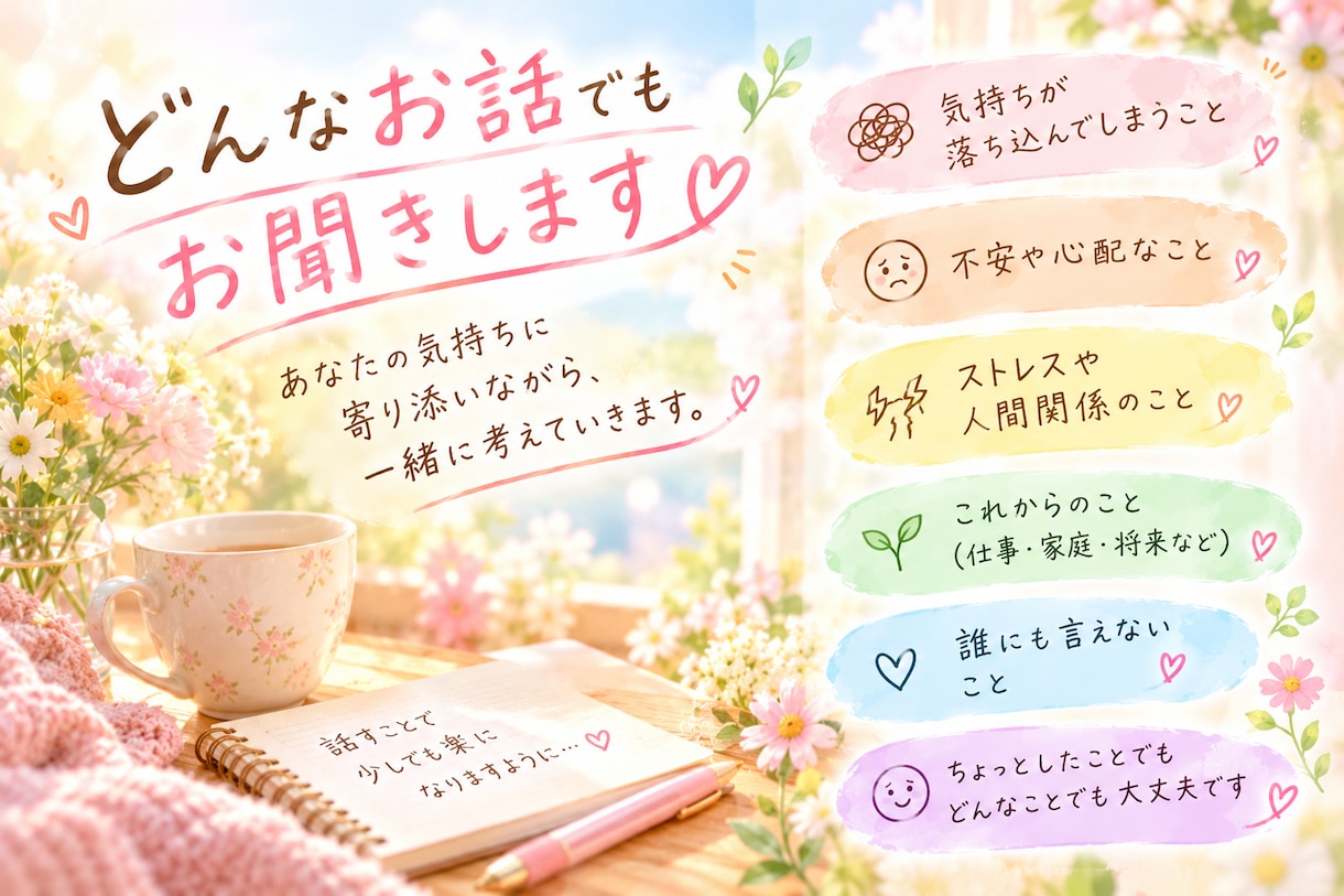 一緒に心のコップに小さな幸せを注ぎます うつ経験者が寄り添います。小さな幸せを一緒に見つけませんか？ イメージ3