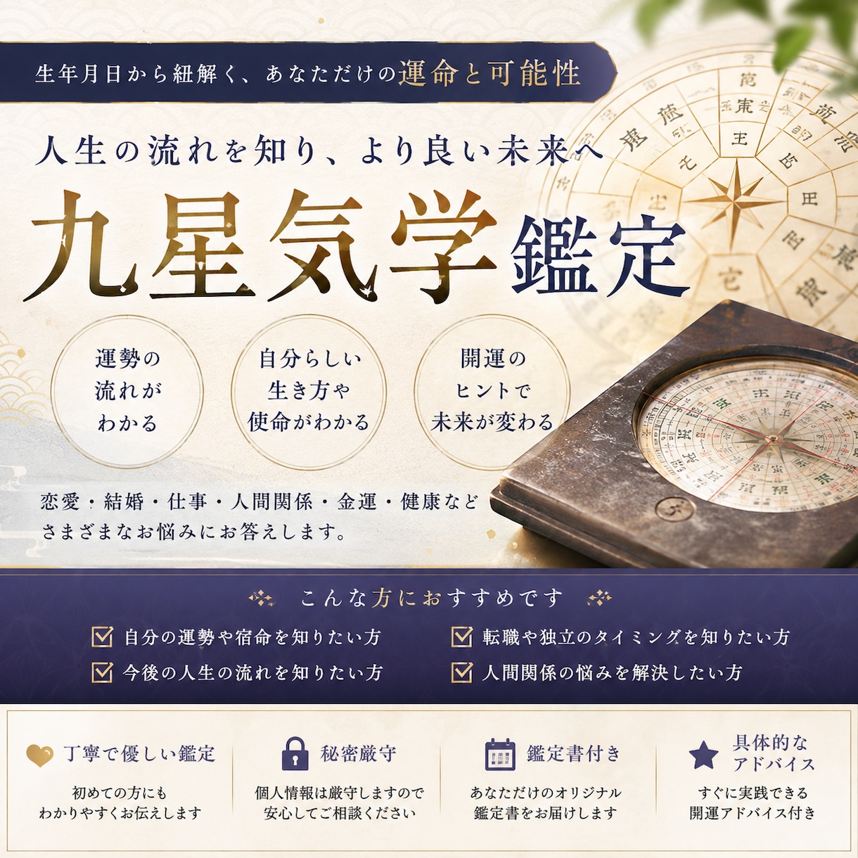 九星気学であなたの吉方位を鑑定します 仕事・恋愛・金運を総合的にサポートします。 イメージ1