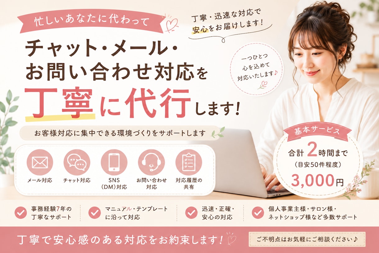 メール対応など、問い合わせ対応を丁寧に代行します 忙しいあなたに代わって安心感のある対応をサポートいたします。 イメージ1