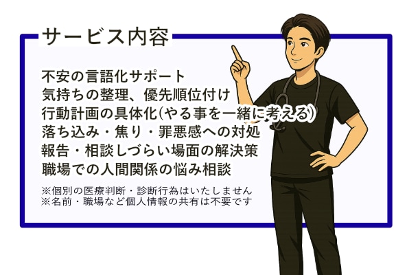 新人看護師のメンタルと技術の悩みに対応します 悩みを言語化し明日が変わる具体的サポートです。 イメージ2