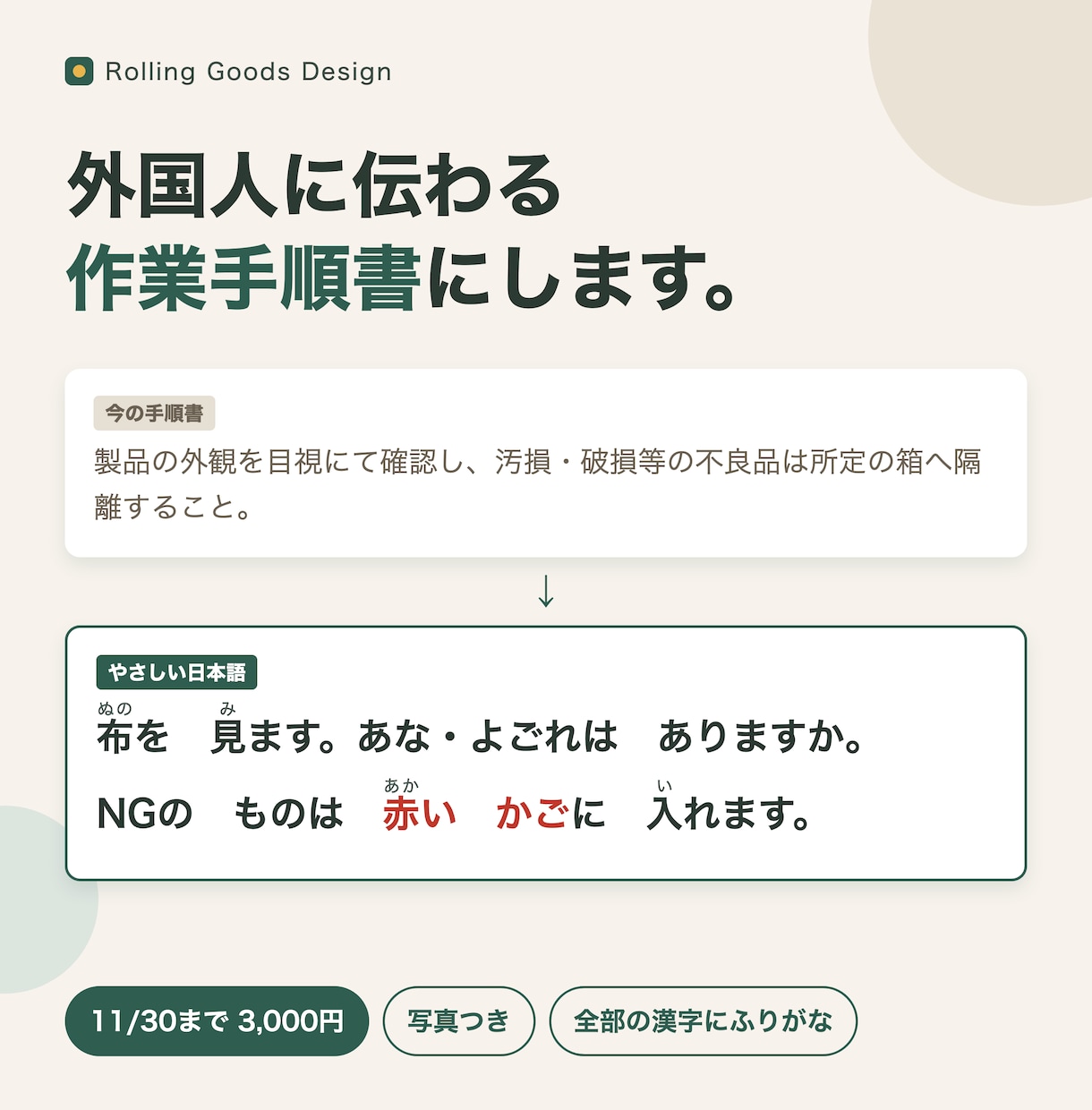 外国人に伝わる作業手順書をやさしい日本語で作ります 【11/30まで初出品価格】写真・ふりがな・OK/NG付き イメージ1