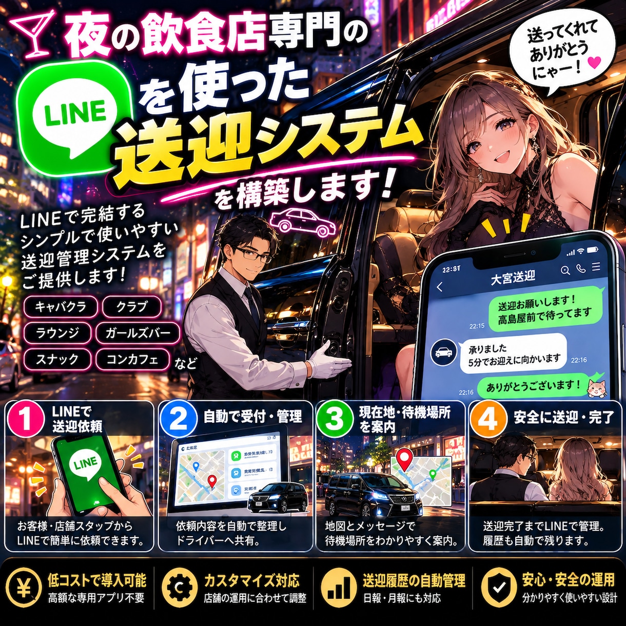 夜の飲食店の送迎ドライバーさんのお手伝いができます 日報管理・マニュアル・給与計算・経路案内など イメージ1