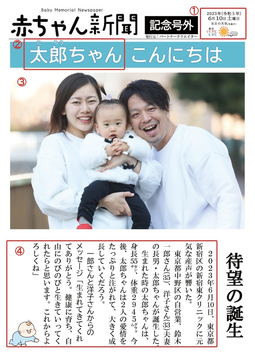 赤ちゃんの誕生を祝う新聞紙面を作成します 簡単な取材シートに記入するだけで全国紙現役新聞記者が記事化！ イメージ1