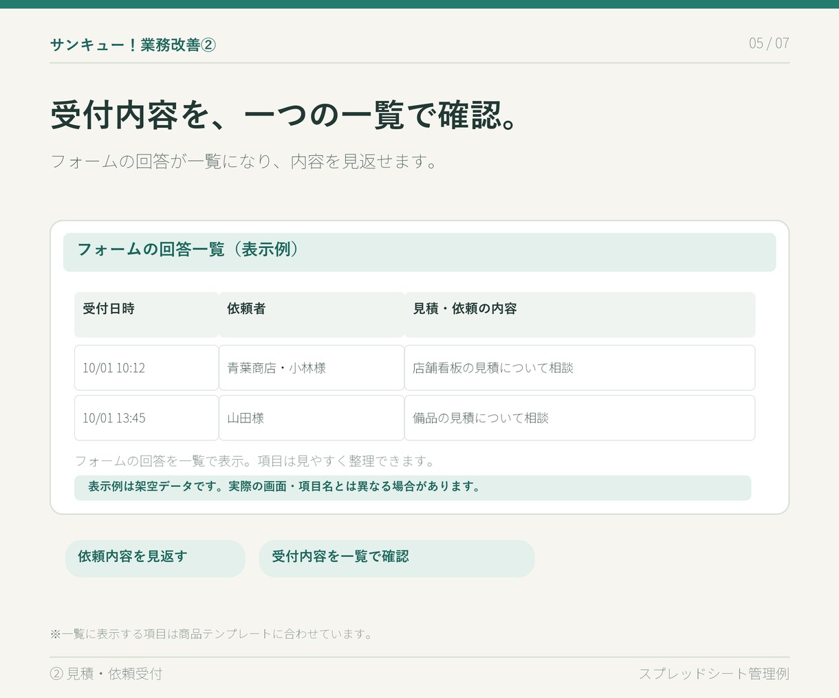 サンキュー！業務改善②見積・依頼を管理します 見積や依頼をフォームで受け付け、一覧で共有できます。 イメージ6