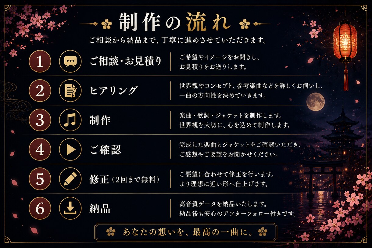 和風・幻想の物語あるオリジナル楽曲作成します あなたの世界観を、一曲の物語へ。 イメージ3