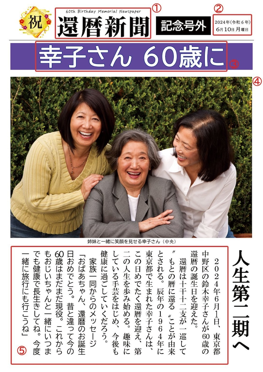 還暦や古希などの長寿の誕生日を新聞紙面で祝います 簡単な取材シートに記入するだけで全国紙現役新聞記者が記事化！ イメージ1