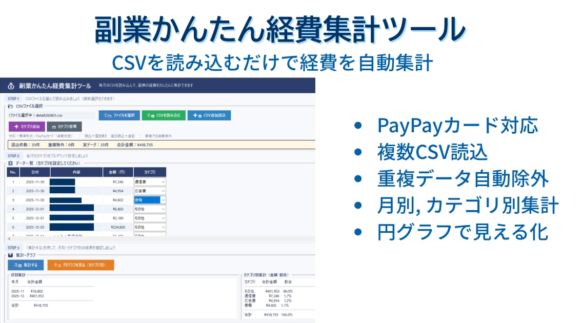 副業向け経費集計ツールを販売します CSV読込だけで経費を自動集計 イメージ1