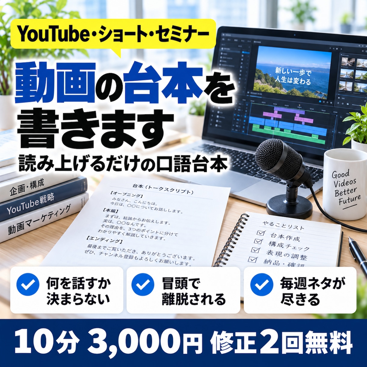 動画の台本を10分3,000円で書きます 1文字1円◎2日納品。冒頭のつかみから締めまで読むだけ イメージ1