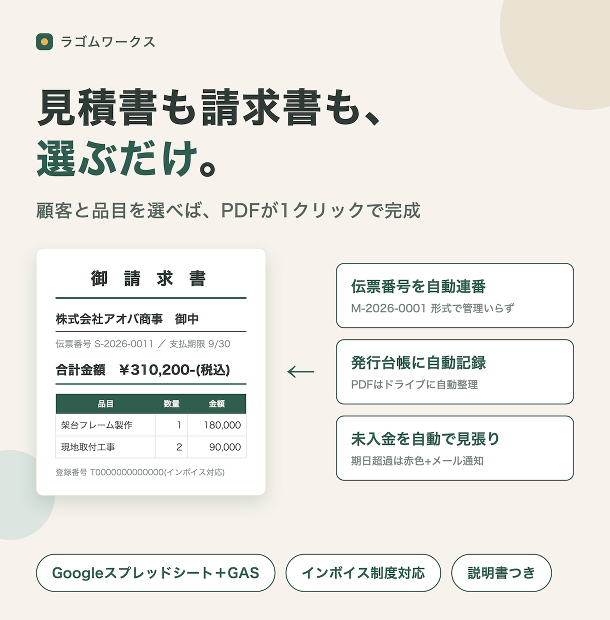 見積書と請求書の作成を自動化するツールを作ります 顧客と品目を選ぶだけでPDF完成。インボイス対応・連番管理 イメージ1