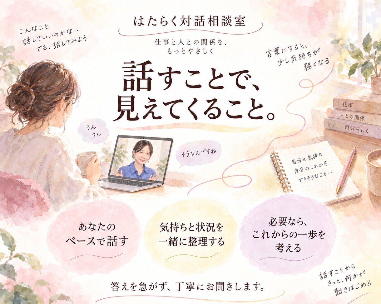 人間関係のお悩みを対話を通じて一緒に整理します まとまっていなくても、まずはそのままお聞かせください。 イメージ3