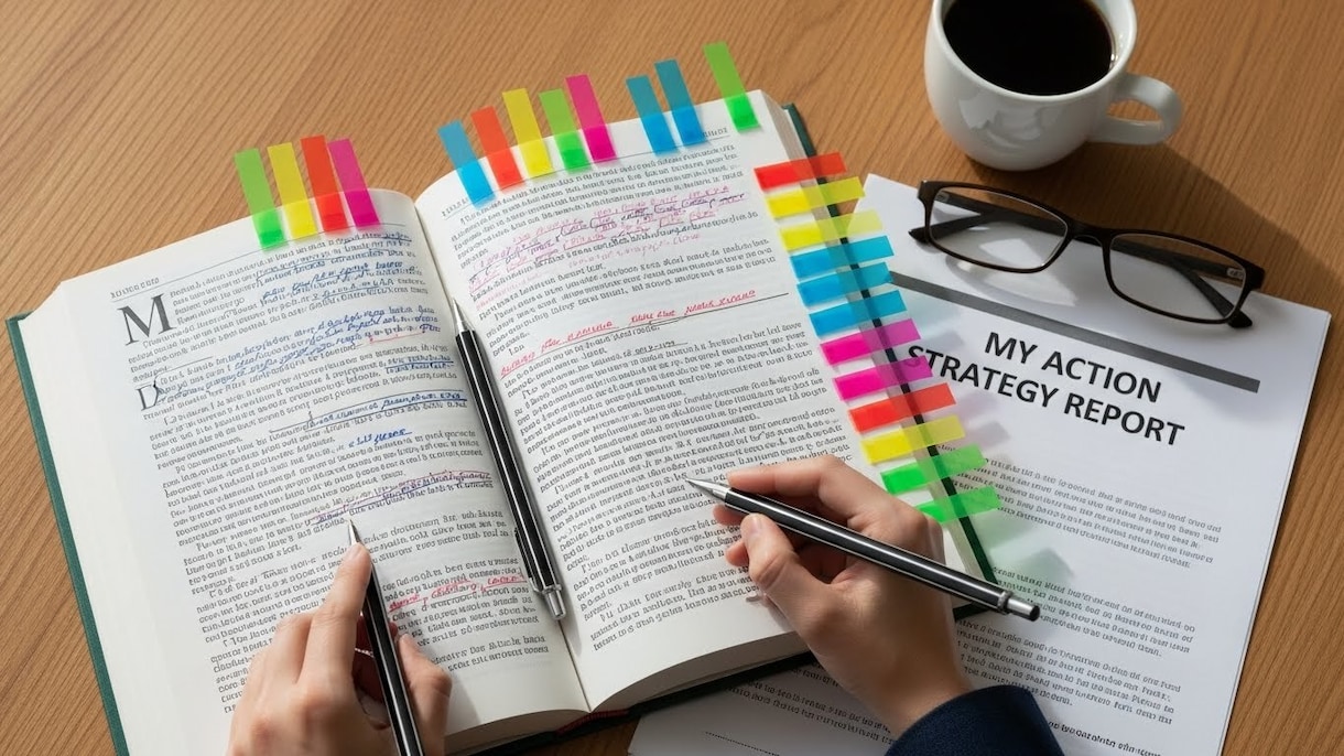 積読を最強の武器へ。あなた専用の戦略書を作ります 丁寧なヒアリング付き。本の要点を３色ペンで可視化して郵送。 イメージ1