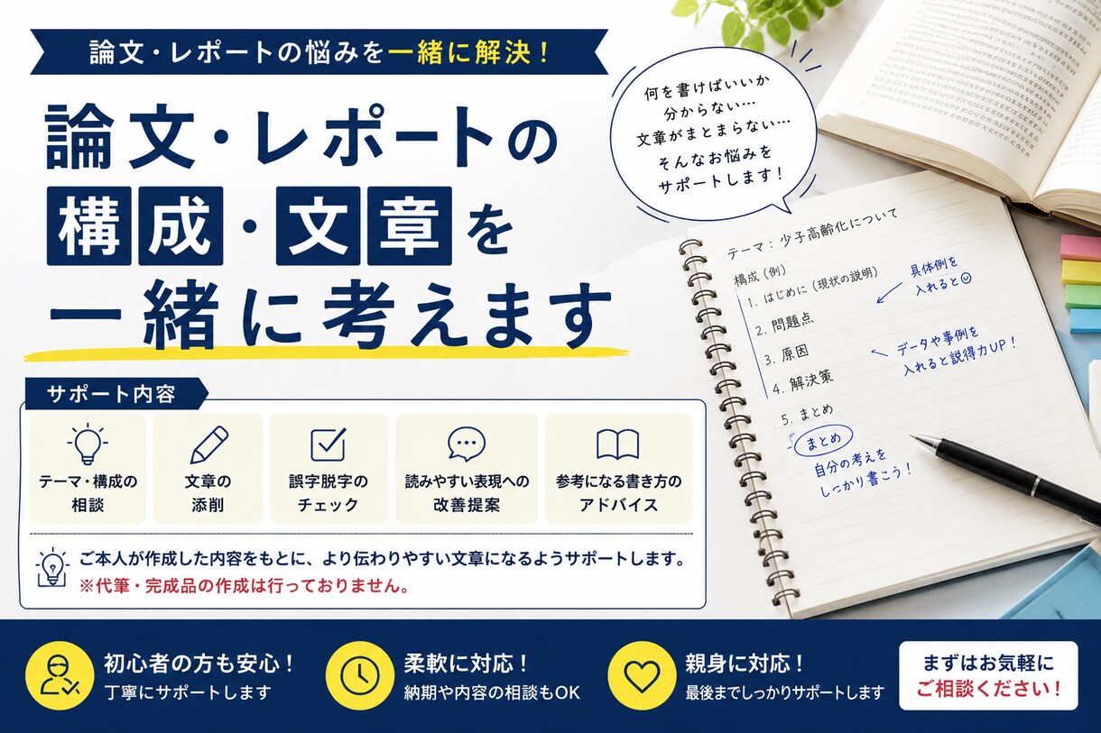 論文・レポートの構成や文章を一緒に考えます テーマ決めから提出前まで対応します！ イメージ1