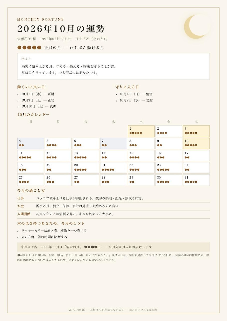 毎月届く、あなた専用の運勢カレンダーを作ります 四柱推命×AI。良い日3つ・守る日2つ入りのA4・毎月お届け イメージ2