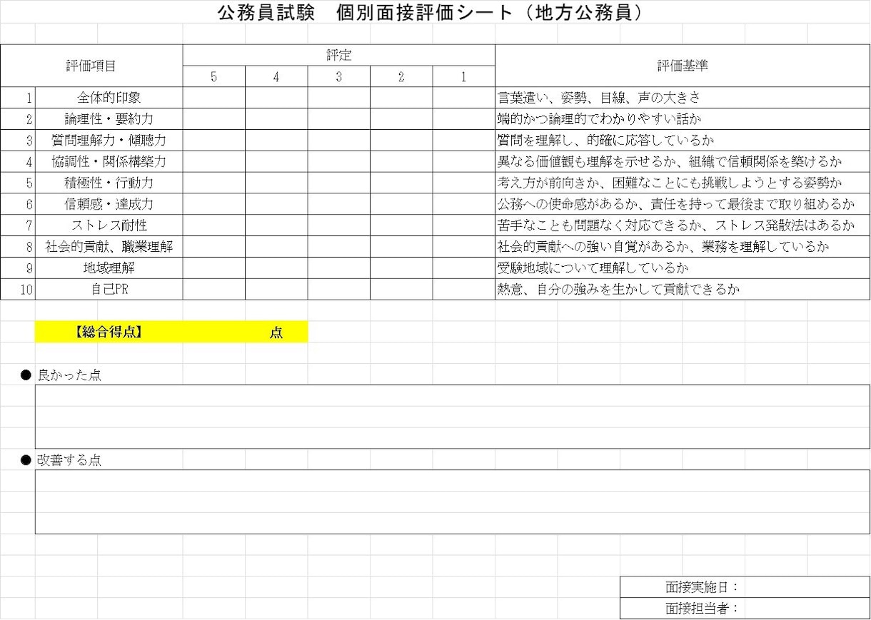 公務員試験の模擬面接を行います 元公務員が本番に近い面接評価シートを使って指導します！ イメージ3