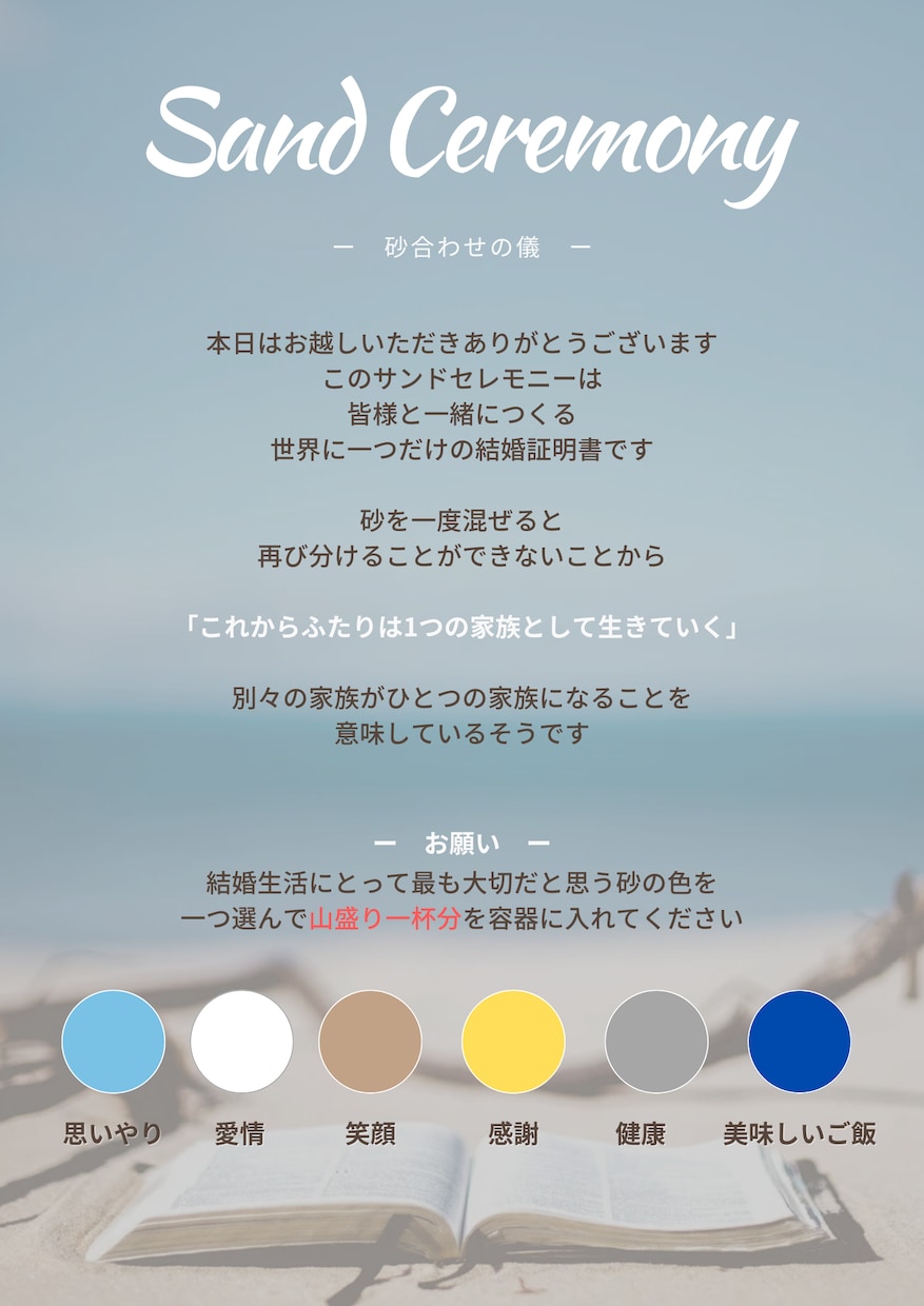 サンドセレモニーの説明書を作成します 結婚式でのオリジナルのサンドセレモニー説明書を作成します！ イメージ1