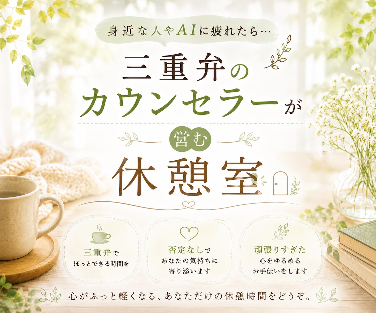 三重弁の話し相手◆弱音・愚痴・雑談をお聴きします 身近な人やAIに疲れたら…三重弁のカウンセラーが営む休憩室 イメージ1