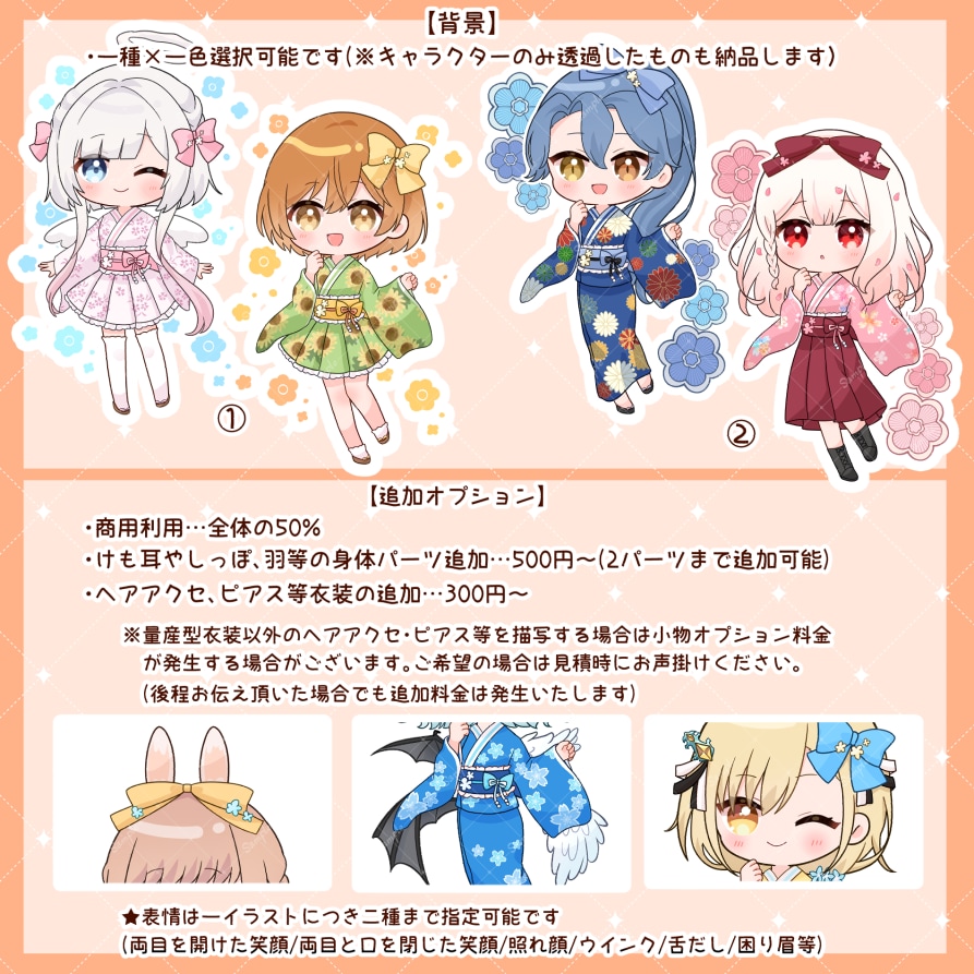 表情二種＋背景！浴衣・和服イラストをお描きします サンプルイラストをベースに色や小物でカスタムするデフォルメ絵 イメージ5