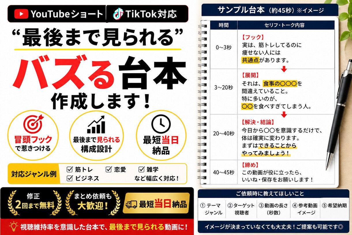 最短当日！バズる台本作成します バズる構成で最後まで見られる台本作成 イメージ2