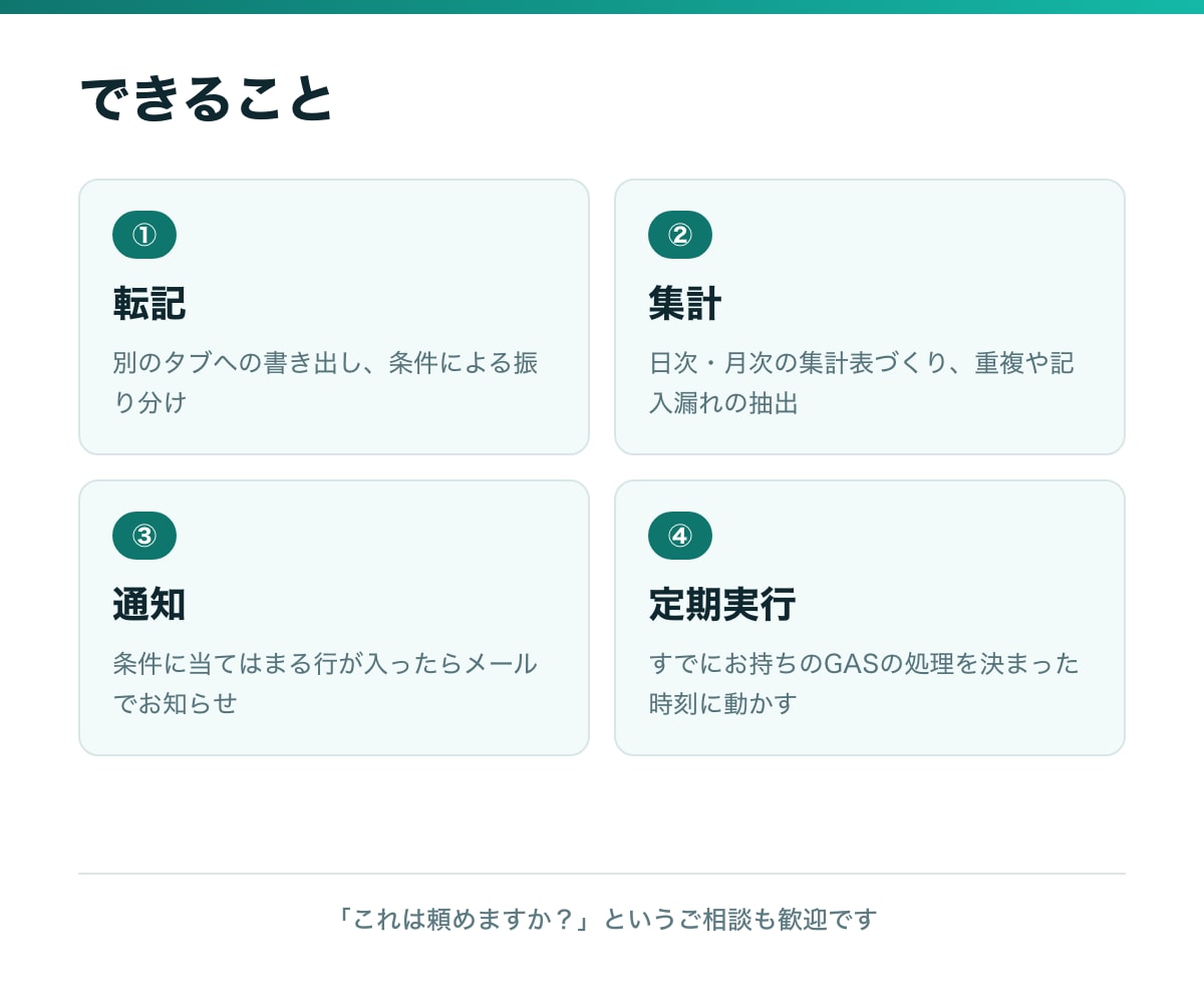 スプレッドシートの手作業をGASで自動化します 転記・集計・通知・定期実行｜まずは無料の見積り相談から イメージ2