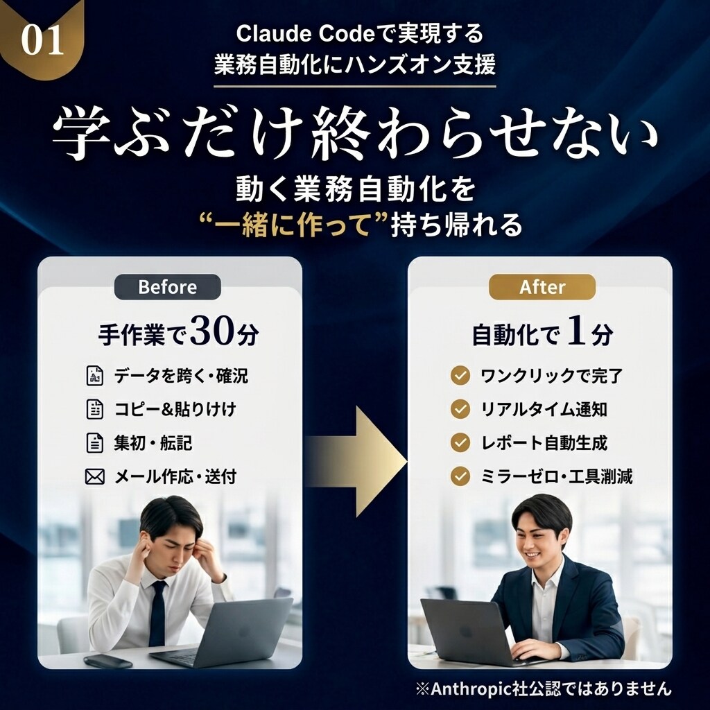 ClaudeCode業務自動化を伴走で教えます 学ぶだけで終わらせない！動く自動化を一緒に作って持ち帰れます イメージ1