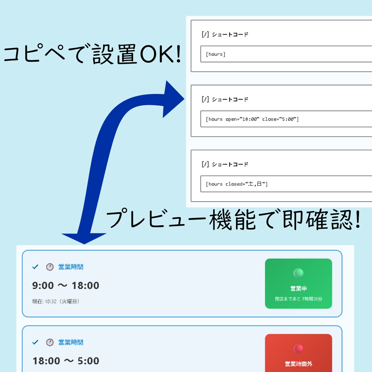 営業中か閉店かを自動で表示します 店舗サイトに必須。時間に合わせて「営業中」の表示を自動切替 イメージ1