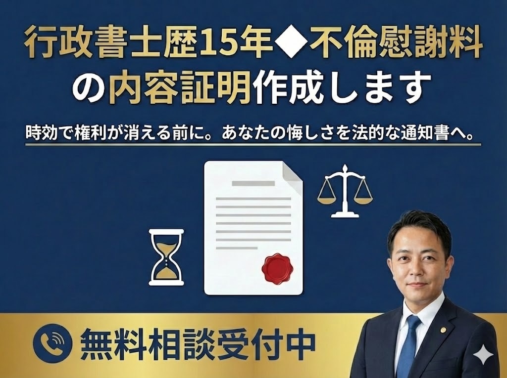 不倫相手への通知書・内容証明｜行政書士が作成します 行政書士歴15年。あなたの意思を法的な通知書にします。 イメージ1