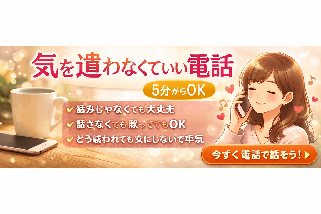 ちょっと聞いて！大歓迎♪気軽に話せる電話相手します 愚痴も弱音も大歓迎♪まとまっていない気持ちも、気を遣わずに♪ イメージ2