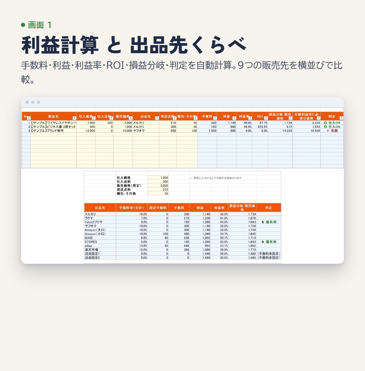 せどりの利益計算と在庫管理Excel表を渡します 仕入れ値と売値を入れるだけ。手数料・利益率・損益を自動計算 イメージ4