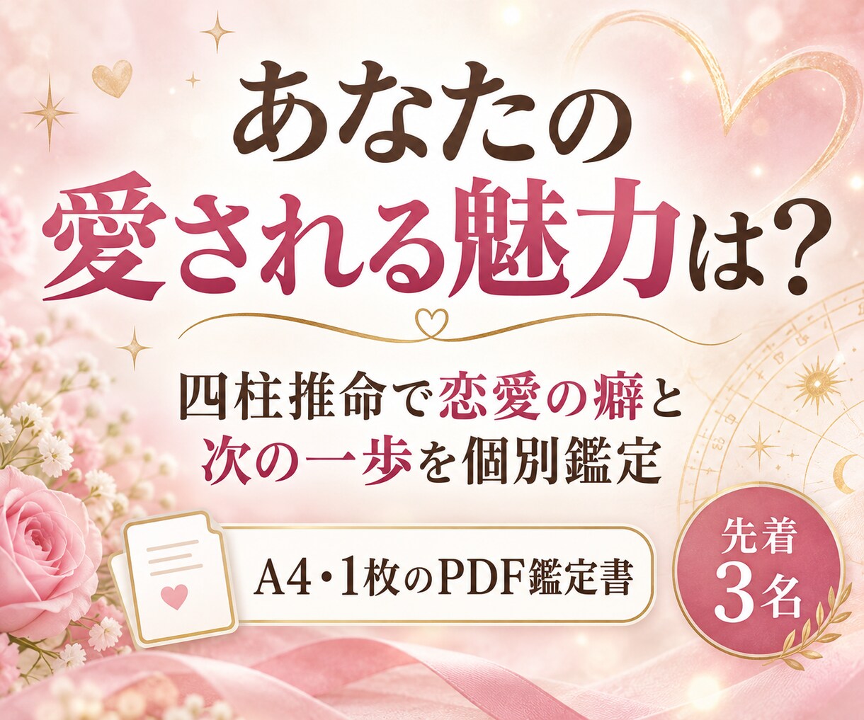 四柱推命であなたの愛される魅力を鑑定します 愛される魅力と恋愛の癖をA4一枚のPDFで個別鑑定 イメージ1
